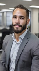Professional Latin American business owner with a beard, headshot in office environment. 