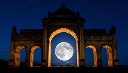 Fantasy illustration of the silhouette of an old building arch with a full moon in the night sky.
