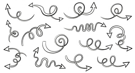A collection of hand-drawn, swirling arrows pointing in various directions, isolated on white.
