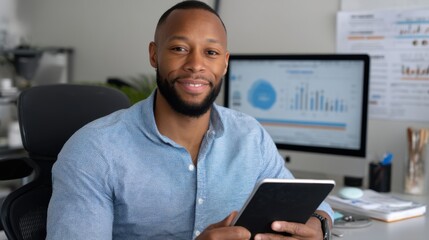 Smiling African-American entrepreneur holding digital tablet, sitting at desk with fintech analytics. 