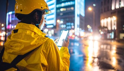 Obraz premium A close up view of a food delivery rider wearing a helmet, holding a glowing smartphone illuminating their face on a bustling city street at night, capturing urban life, technology, night-time hustle