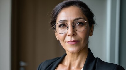 Mature Arab female manager in professional outfit, wearing eyeglasses, successful and poised businesswoman in corporate setting. 