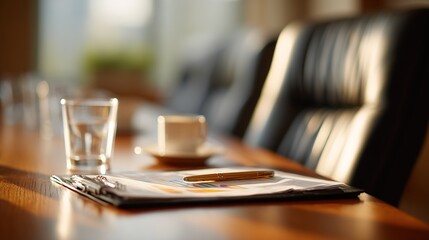 Meeting Room Setup with Paperwork and Coffee on Wooden Table
