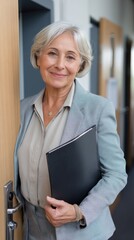 Smiling senior female manager in office suit, holding folder, businesswoman portrait. 