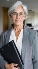 Smiling senior female manager in office suit, holding folder, businesswoman portrait. 