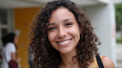 Positive Brazilian student with curly hair, smiling broadly, looking at the camera in a close-up headshot. 