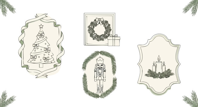 Elegant Christmas decorations collection featuring a tree, wreath, candles, and nutcracker for your seasonal designs and holiday projects