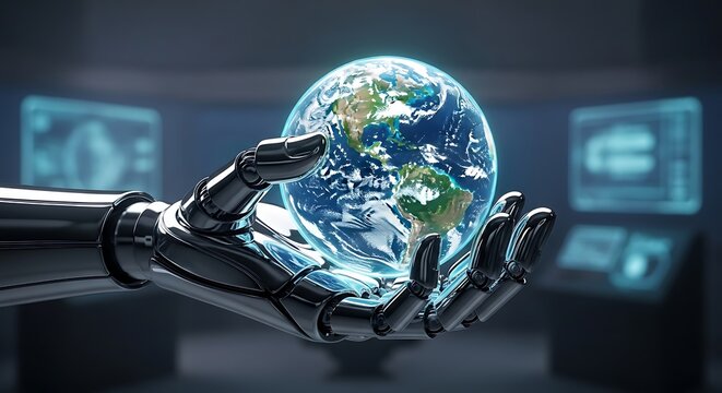Robotic Hand Gently Holding Earth Globe.