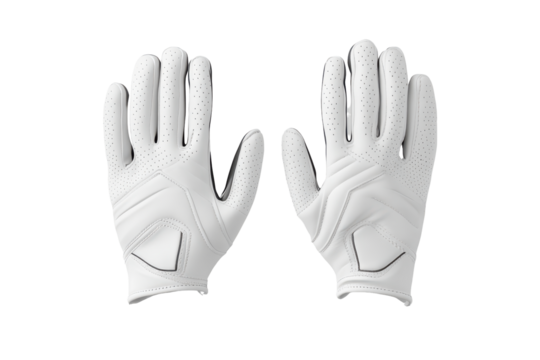 Pair of white golf gloves isolated on transparent background. Mockup of a white sporty golf gloves isolated on white background.