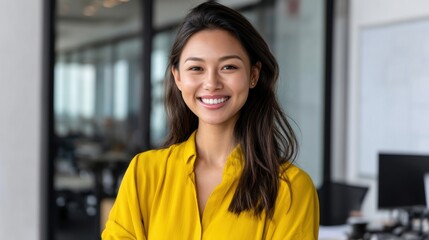 Sales and marketing manager, young Asian woman with a bright smile, in the office. 
