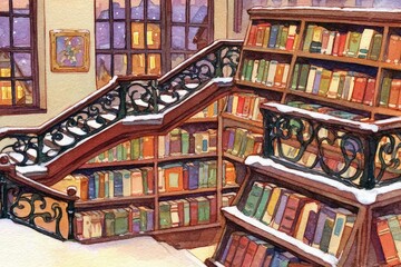 Snowy library stairs, filled with books, with a city view