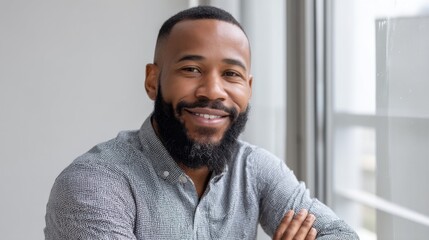 Smiling African American businessman with a beard, confident entrepreneur in office. 
