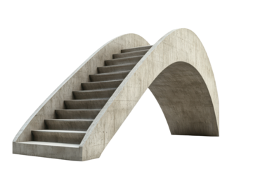 Abstract architectural stone staircase with curved support isolated on transparent background. Modern staircase with an arched entrance geometric design isolated on white background.