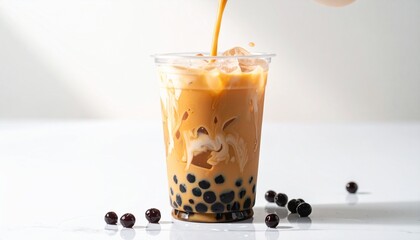 Macro close-up of milk tea being poured into a boba tea cup with ice, brown sugar, and tapioca pearls, capturing the creamy swirl, frothy texture, and sweet, refreshing beverage in cinematic detail
