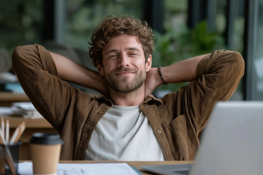 A young man dressed casually relaxes at his desk in a modern office, leaning back with his hands behind his head and his feet on the desk.