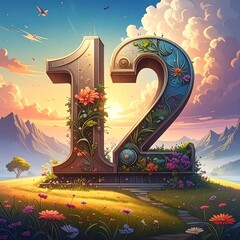 Ornate number twelve, nature-themed, sits atop a hill at sunrise