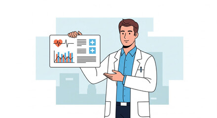 A male doctor presenting medical data and graphs on a digital tablet.