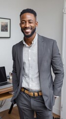 Smiling black man in professional attire, standing in front of a home office desk. 