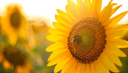 Golden sunflower, bee pollinating, sunset glow
