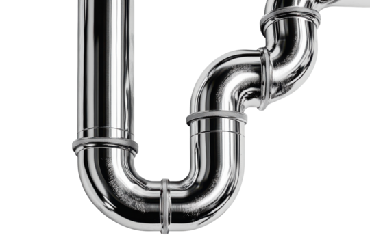 Chrome trap plumbing fixture isolated on transparent background. Stainless steel pipe isolated on white background, 3d rendering.