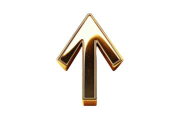 Golden arrow pointing upward isolated on transparent background. Up arrow gold icon isolated on white background, 3d rendering.