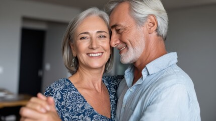 Smiling senior couple dancing at home, radiating love and happiness. 