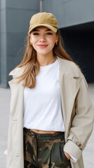 Teenage fashionista wearing a chic outfit and khaki cap, showing off Gen Z style. 