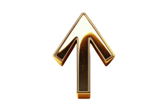 Golden arrow pointing upward isolated on transparent background. Up arrow gold icon isolated on white background, 3d rendering. - Powered by Adobe