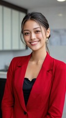 Smiling young Asian woman in corporate attire, posing for a headshot in an office. 