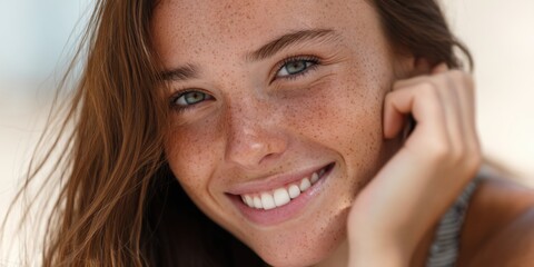 Smiling young woman with freckles, showcasing healthy, glowing skin and sunscreen. 