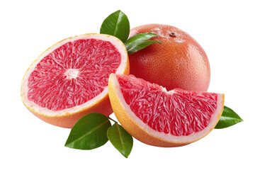 Fresh pink grapefruit slices with leaves