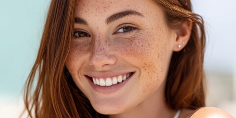 Smiling young woman with freckles, showcasing healthy, glowing skin and sunscreen. 