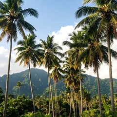 Palm trees line a tropical landscape