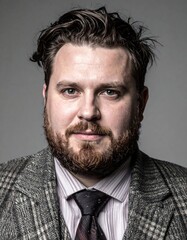 Obraz premium A portrait of a bearded man in a stylish suit, conveying confidence and professionalism.