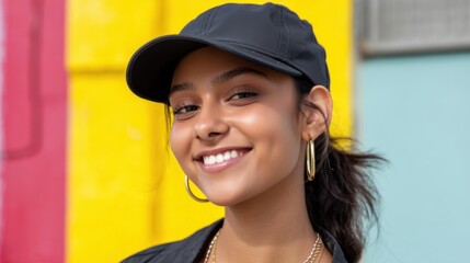 Stylish Gen Z fashion model with a cap, smiling and posing in front of a colorful wall. 