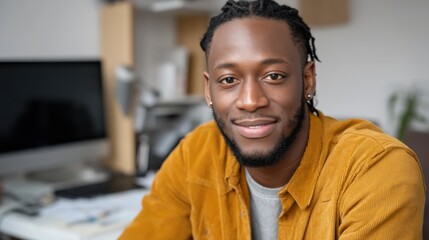 Young black adult man looking at the camera with a joyful expression in his home office. 