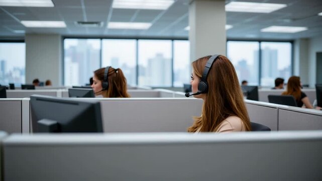Call center agents wearing headset office cubicles with cityscape view focused customer service support tasks modern business workspace environment showcasing communication technology teamwork