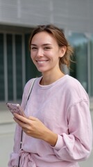 Young Caucasian girl in a pink outfit, standing outdoors with her phone, smiling joyfully. 