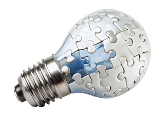 Puzzle pieces forming a light bulb isolated on white background