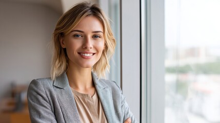 Successful professional lady manager in office environment, cheerful expression, standing near window. 