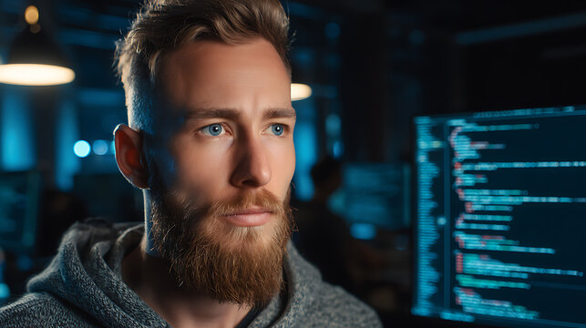 Man with beard focused on computer screen displaying code in a dimly lit workspace