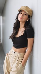 Trendy Gen Z Asian girl in stylish outfit and khaki cap posing against a wall. 