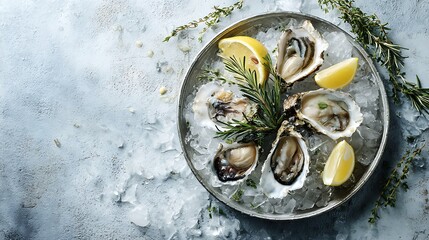 Fresh oysters on ice with lemon wedges gourmet seafood appetizer raw bar delicacy restaurant fine dining experience