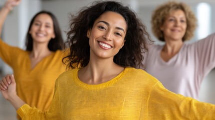 Women engaged in holistic therapy, dancing to connect with inner energy. 
