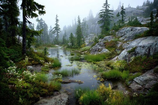 Misty mountain lake surrounded by lush greenery and rocky terrain