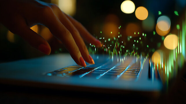Hand typing on a laptop keyboard with glowing digital particles rising from the keys in a dark, bokeh-lit environment