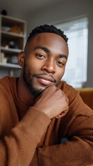 Young black man posing for a close-up portrait in a cozy home office. 