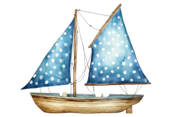 Watercolor sailboat with blue polka dot sails isolated on transparent background. Watercolor sailboat with polka dot sails illustration isolated on white background.