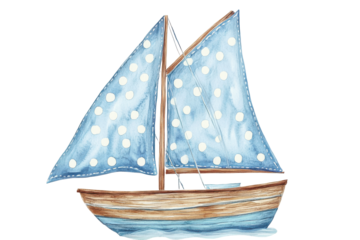 Watercolor sailboat with blue polka dot sails isolated on transparent background. Watercolor sailboat with polka dot sails illustration isolated on white background.