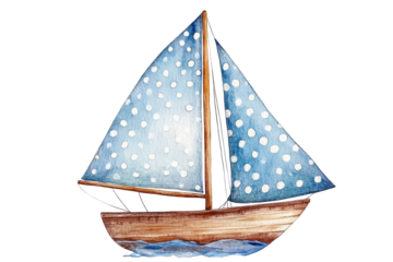 Watercolor sailboat with blue polka dot sails isolated on transparent background. Watercolor sailboat with polka dot sails illustration isolated on white background.